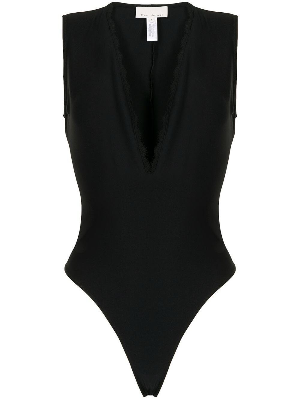 Fleur du Mal Black Lace Detail Deep V Sleeveless Bodysuit, Size Medium Women’s